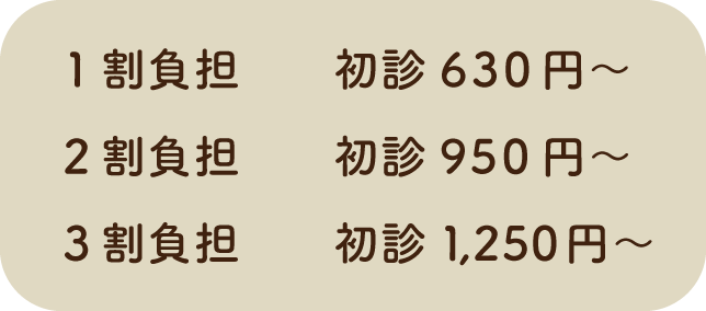 １割負担:初診 630円～、2割負担:初診950円～、3割負担:初診1,250円～