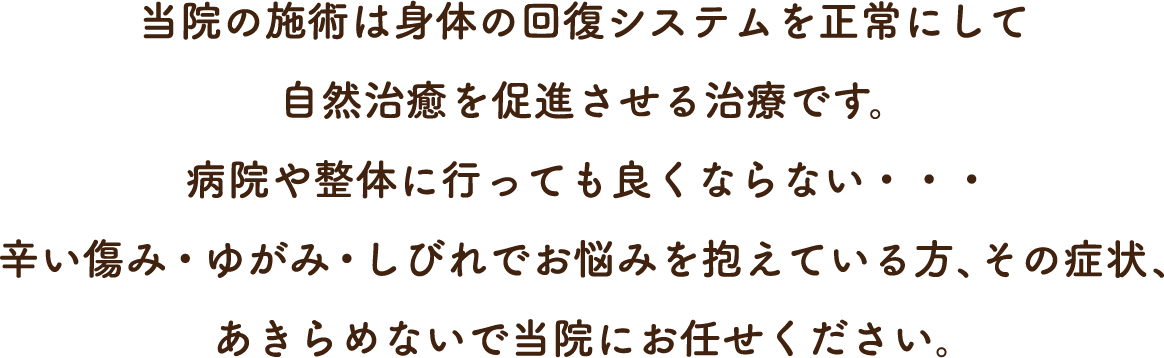 当院の施術は身体の回復システムを正常にして自然治癒を促進させる治療です。病院や整体に行っても良くならない・・・辛い傷み・ゆがみ・しびれでお悩みを抱えている方、その症状、あきらめないで当院にお任せください。